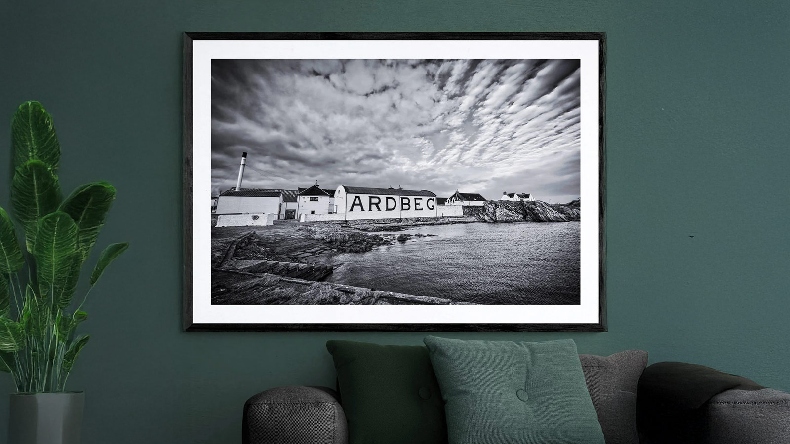 Black-and-white Ardbeg distillery wall art — a stylish décor pick for the Best Whiskey Gifts for Men 2025.