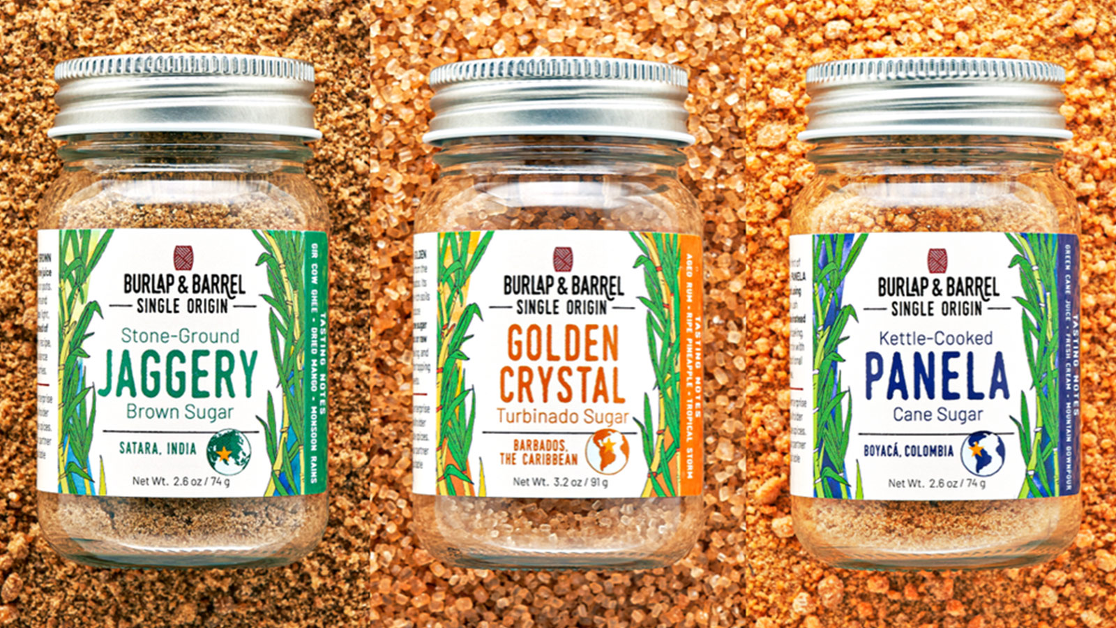 Burlap and Barrel single origin sugar trio jars against a textured sugar backdrop for Best Coffee Gifts for 2025.