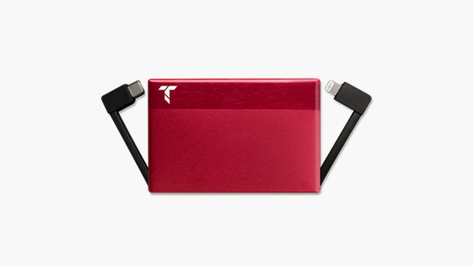 TravelCard Plus portable charger in red anodized aluminum, a compact power bank featured among the best travel gifts.
