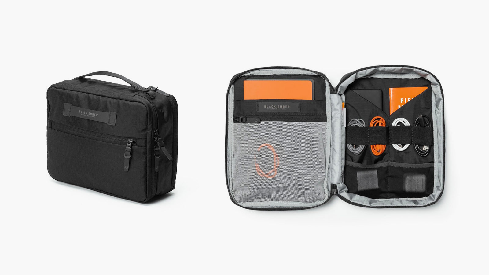 Black Ember Boarding Kit tech pouch open and closed, a water-resistant travel organizer featured in the best travel gifts guide.