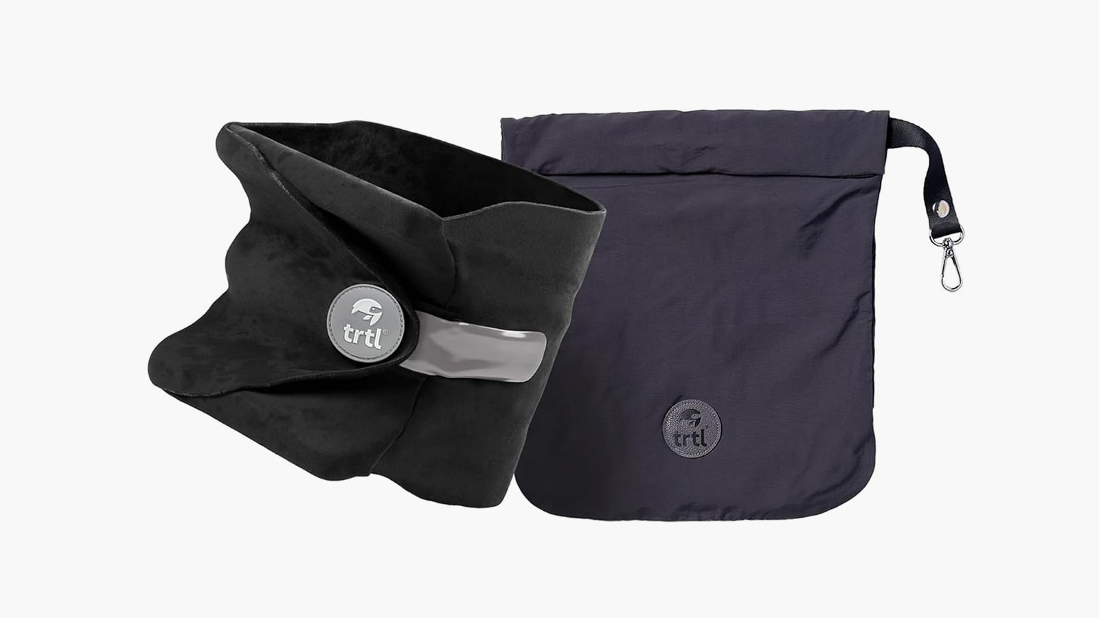 Trtl Pillow travel neck support in black with carry pouch, a compact comfort essential featured in the best travel gifts guide.