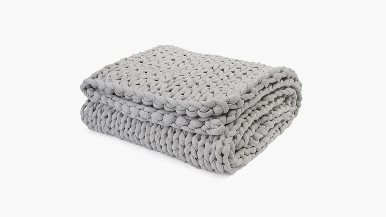 Chunky-knit weighted blanket in light gray, a cozy essential among the Best Indoor Gifts for Men.
