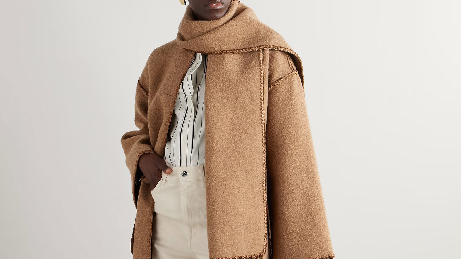 Camel wool-blend draped coat with attached scarf, a sophisticated layering piece among the best holiday gifts for women