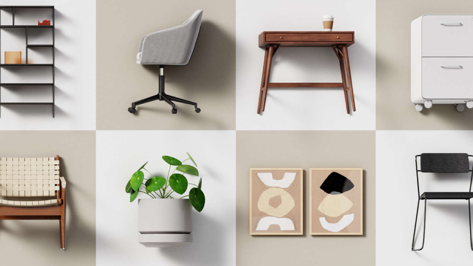 This image shows a collage of eight pieces of modern furniture and decor against a beige background.