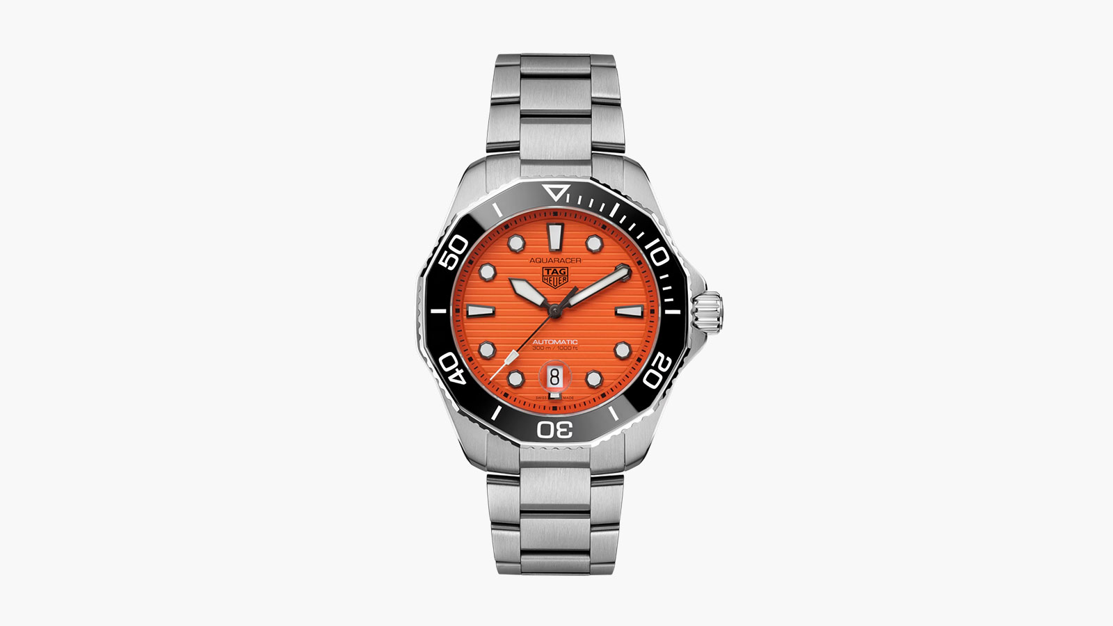 A silver luxury watch with an orange face