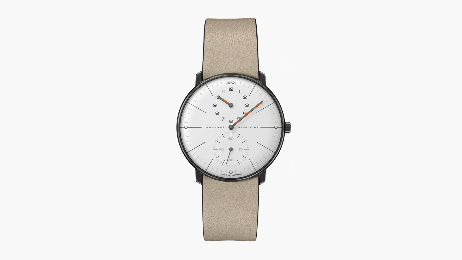 A men's watch with a neutral band and a white face