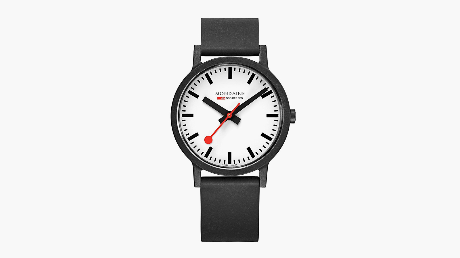 A modern men's watch with a black bank and white face with red hands
