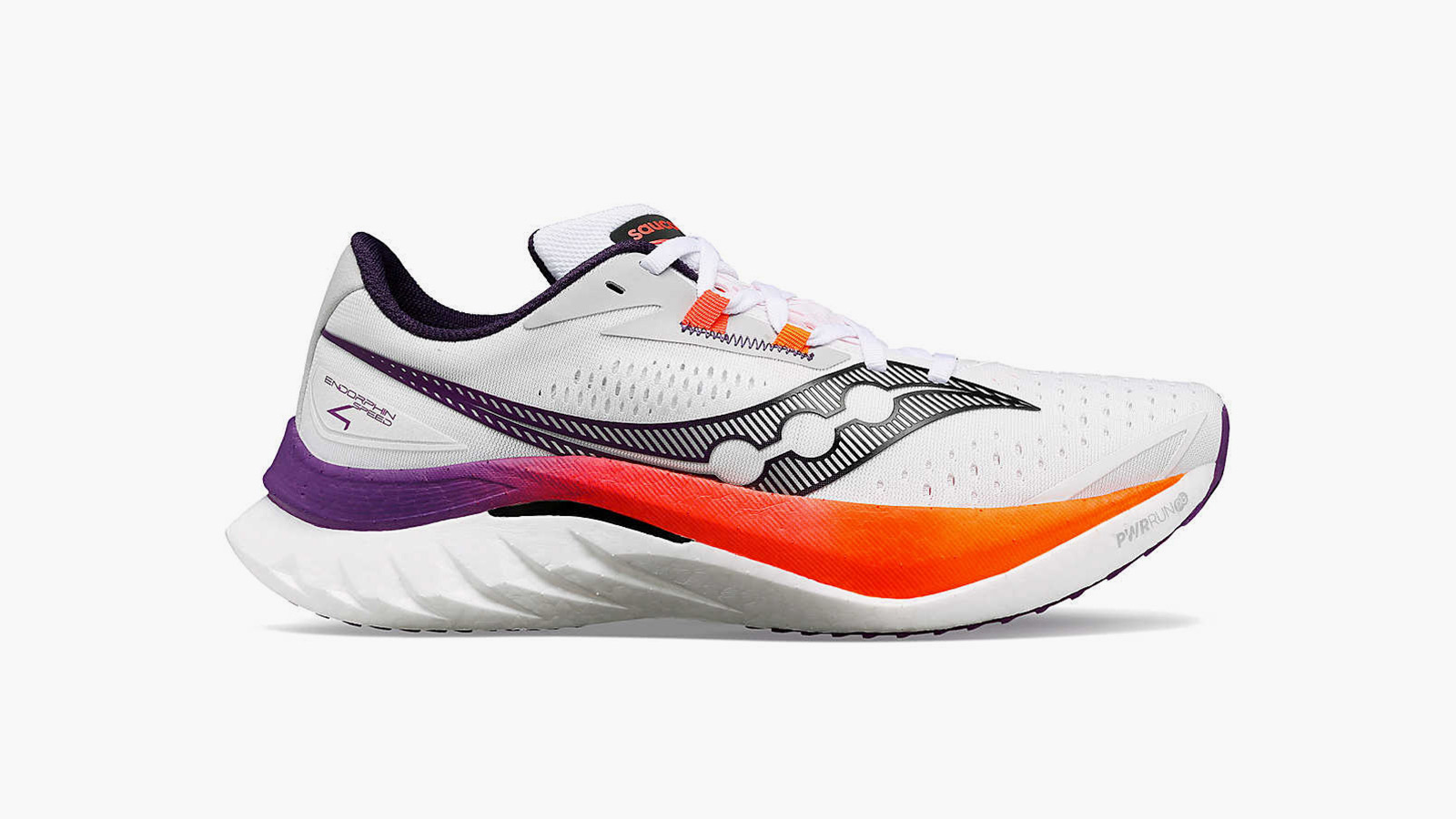 a white men's running shoe with an orange and purple stripe at the bottom