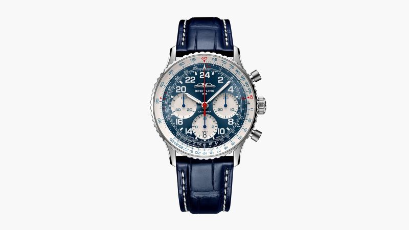 Breitling's Navitimer B02 Chronograph 41 boasts a platinum case and red chronograph accents.