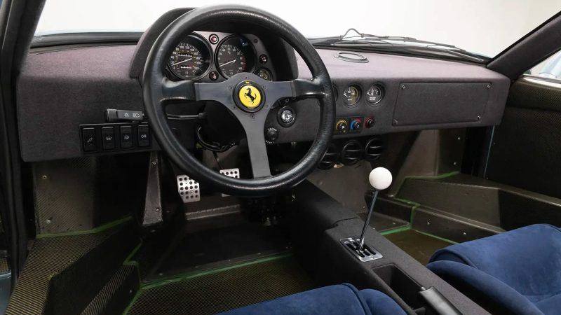 A 1992 Ferrari F40 “Blue Chip F40” in Azzurro Hyperion with blue Alcantara interior is up for auction.