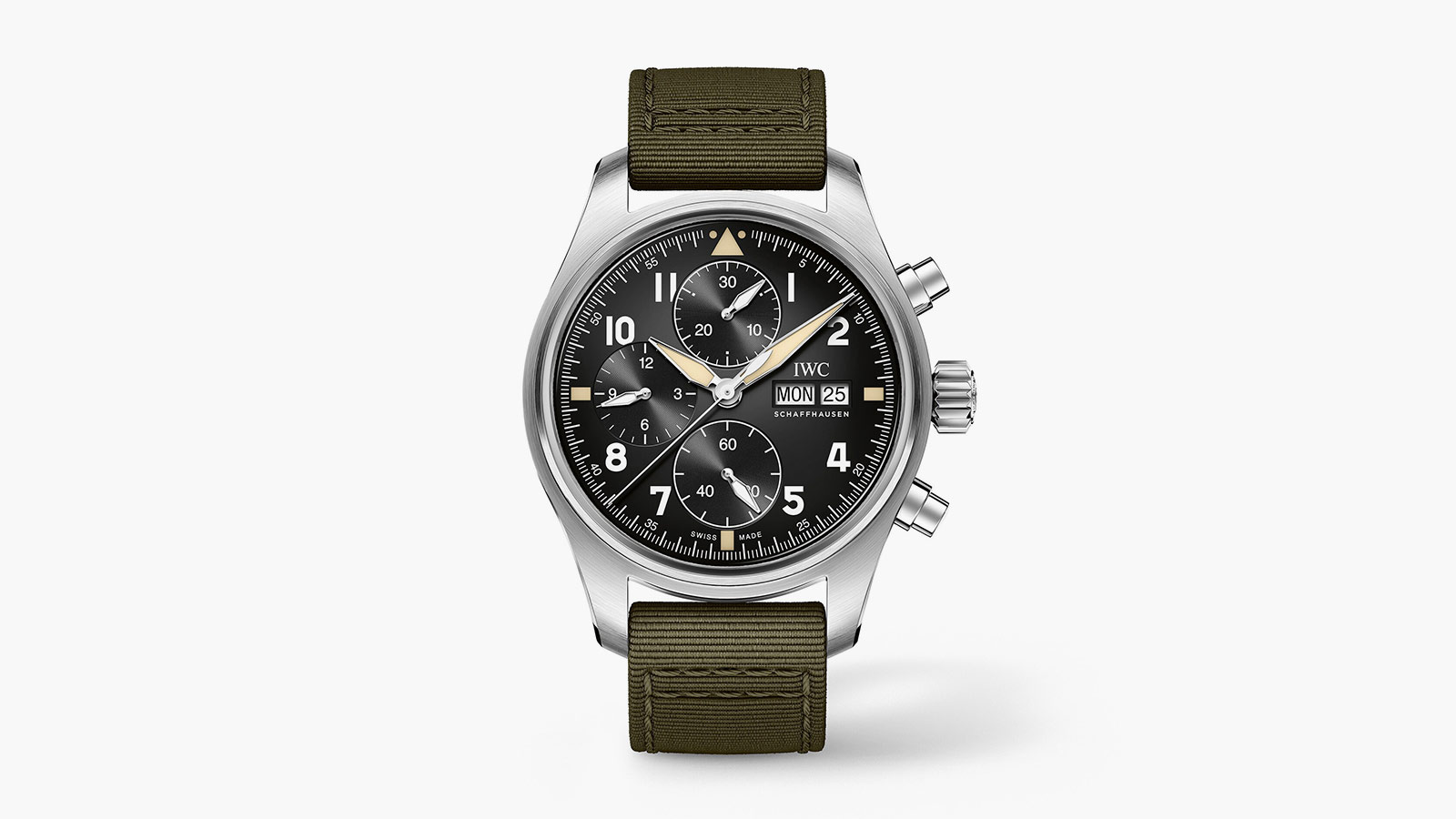 IWC Pilot’s Watch Chronograph Spitfire with an olive textile strap and black dial – a refined military look among the best pilot watches of 2025.