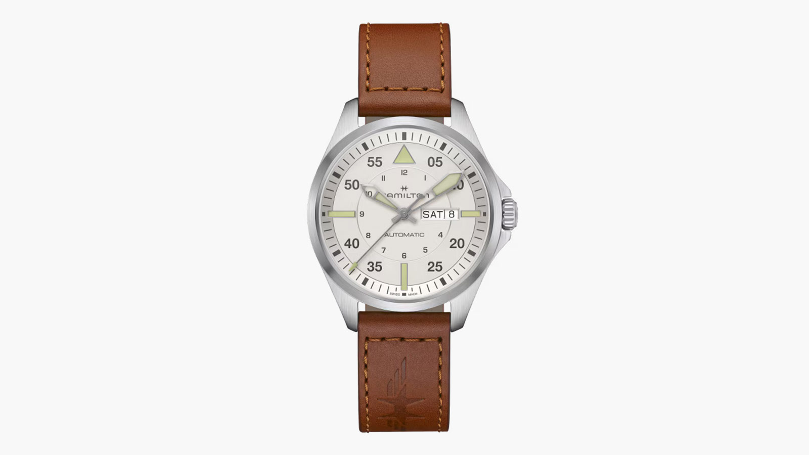 Hamilton Khaki Aviation Pilot Day Date Auto in white and tan leather – vintage flair meets modern function in the best pilot watches 2025.