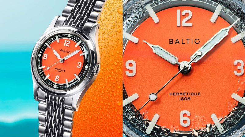 Baltic’s Hermétique Summer watch features a glossy dial, a polished case, Super-Luminova markers, and retro-style bracelets, inspired by the 1970s California style.