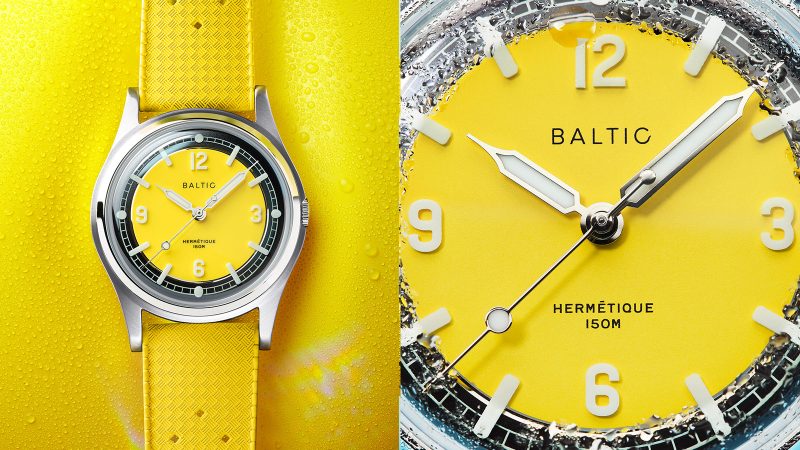 Baltic’s Hermétique Summer watch features a glossy dial, a polished case, Super-Luminova markers, and retro-style bracelets, inspired by the 1970s California style.