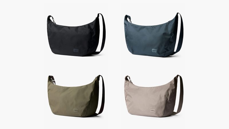 Bellroy’s Laneway Crescent Bag is a recycled nylon cross-body sling design featuring a wide-mouth zipper, internal tool belt pocket, quilted back panel, adjustable webbing strap, and AirTag sleeve.