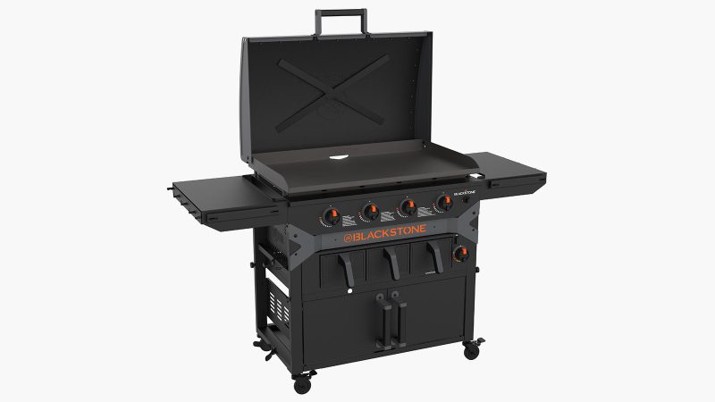 The Blackstone Iron Forged 36-inch Griddle Airfryer Combo features a flat top grill, built-in dual air fryers, side shelves, and rugged outdoor-ready construction.