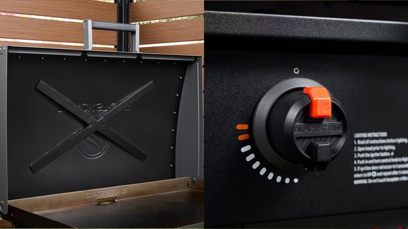 The Blackstone Iron Forged 36-inch Griddle Airfryer Combo features a flat top grill, built-in dual air fryers, side shelves, and rugged outdoor-ready construction.