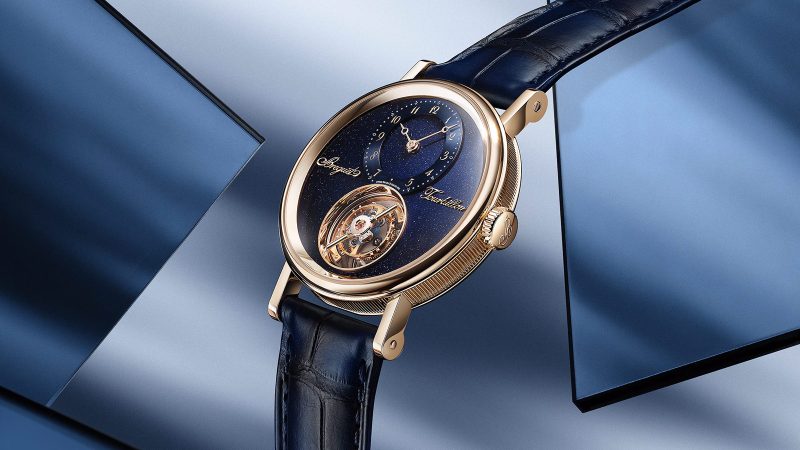 Breguet Classique Tourbillon Sidéral 7255 in 38 mm gold case, floating sapphire‑bridge flying tourbillon over aventurine enamel star sky dial.