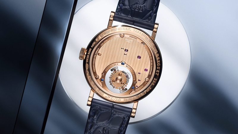 Breguet Classique Tourbillon Sidéral 7255 in 38 mm gold case, floating sapphire‑bridge flying tourbillon over aventurine enamel star sky dial.