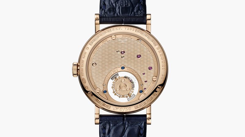 Breguet Classique Tourbillon Sidéral 7255 in 38 mm gold case, floating sapphire‑bridge flying tourbillon over aventurine enamel star sky dial.