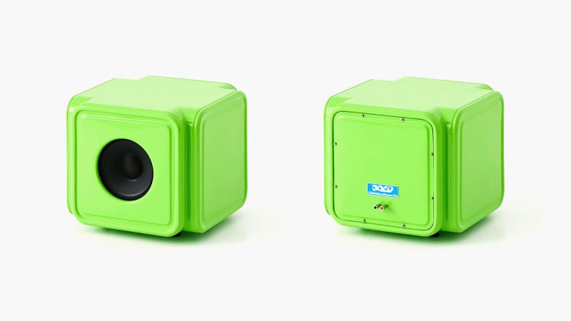 Caliper x Alaska Alaska AA67 sculptural bookshelf speaker in bold color with curved, kiosk-inspired design.
