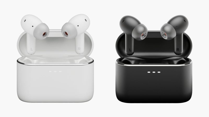 Cambridge Audio Melomania A100 high-fidelity true‑wireless earbuds with hybrid ANC, Class AB amplification, LDAC, and aptX Lossless codecs in charging case.