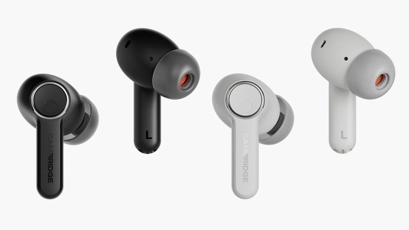 Cambridge Audio Melomania A100 high-fidelity true‑wireless earbuds with hybrid ANC, Class AB amplification, LDAC, and aptX Lossless codecs in charging case.