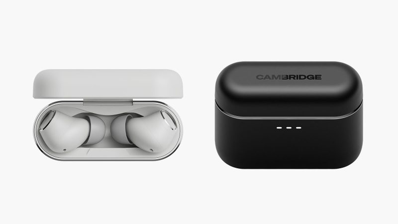 Cambridge Audio Melomania A100 high-fidelity true‑wireless earbuds with hybrid ANC, Class AB amplification, LDAC, and aptX Lossless codecs in charging case.