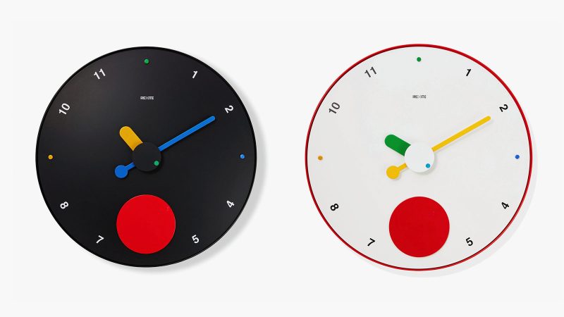 MoMA Exclusive Contrattempo Wall Clock with bold red swinging disc, inspired by Memphis Design, crafted from recycled ABS and aluminum.