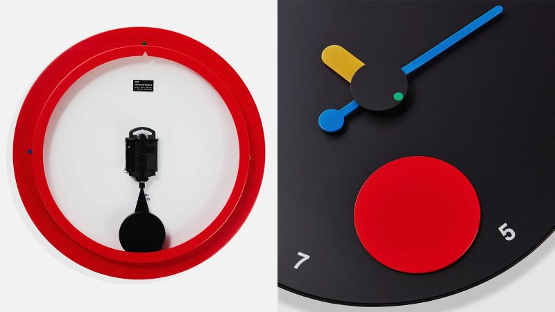 MoMA Exclusive Contrattempo Wall Clock with bold red swinging disc, inspired by Memphis Design, crafted from recycled ABS and aluminum.