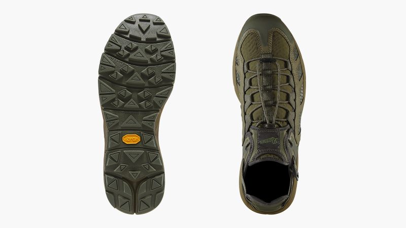 Danner FullBore Sandal in black with quick-release laces, breathable mesh upper, Vibram Fuga outsole, and collapsible heel for trail and city versatility.