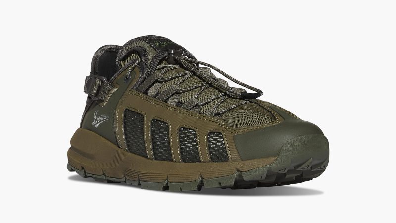 Danner FullBore Sandal in black with quick-release laces, breathable mesh upper, Vibram Fuga outsole, and collapsible heel for trail and city versatility.