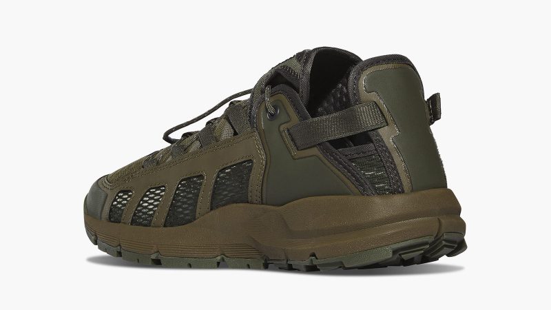 Danner FullBore Sandal in black with quick-release laces, breathable mesh upper, Vibram Fuga outsole, and collapsible heel for trail and city versatility.