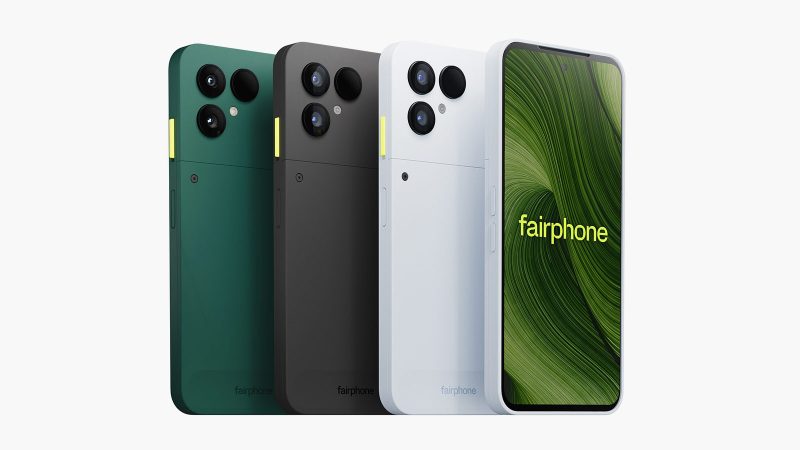 The Fairphone 6 smartphone boasts a flat-sided, minimalist design, featuring a triple camera setup and eco-friendly, modular construction.