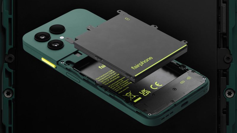 The Fairphone 6 smartphone boasts a flat-sided, minimalist design, featuring a triple camera setup and eco-friendly, modular construction.