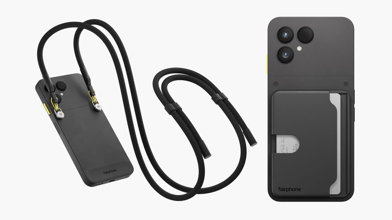 The Fairphone 6 smartphone boasts a flat-sided, minimalist design, featuring a triple camera setup and eco-friendly, modular construction.