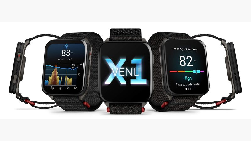 The Garmin Venu X1 smartwatch with 2-inch AMOLED display, titanium case, and fitness tracking features.