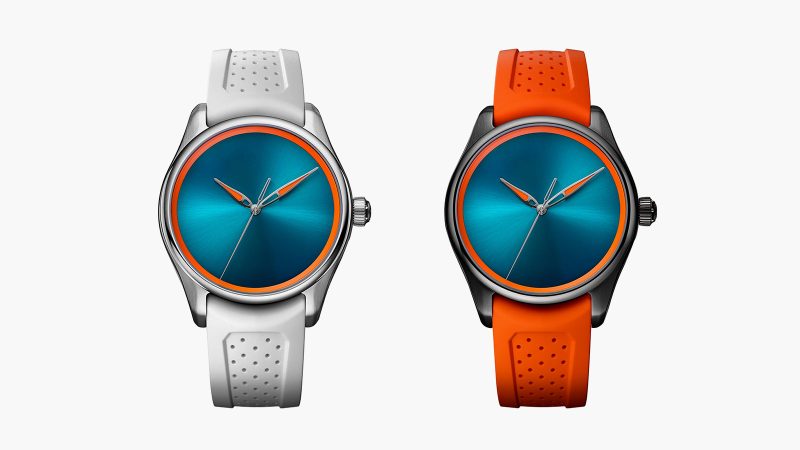 Three H. Moser & Cie Spiced Aqua watches: turquoise Centre Seconds, orange Tourbillon, and openworked Cylindrical Tourbillon Skeleton.