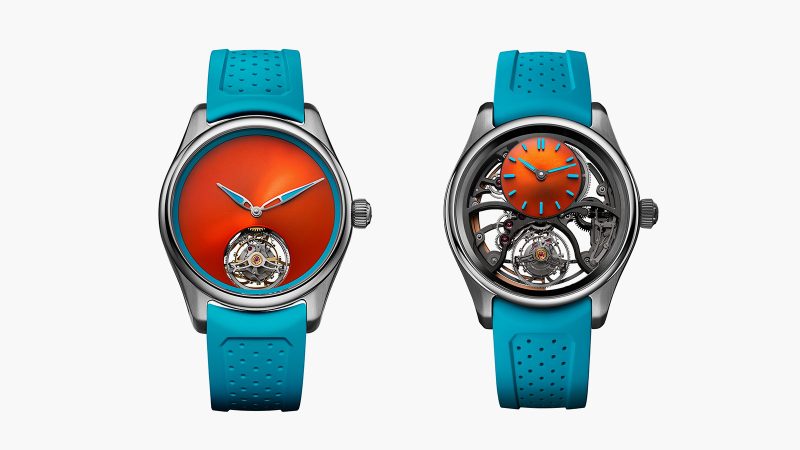 Three H. Moser & Cie Spiced Aqua watches: turquoise Centre Seconds, orange Tourbillon, and openworked Cylindrical Tourbillon Skeleton.