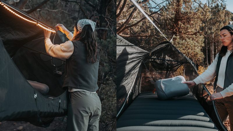 Haven Spectre ultralight lay-flat hammock tent suspended between trees, featuring carbon spreader bars, inflatable mattress, Monolite mesh, and compact setup