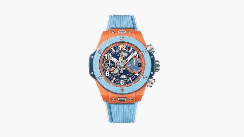 The Hublot Big Bang Unico Summer 2025 is a bold chronograph crafted in vibrant orange and sky-blue ceramic.
