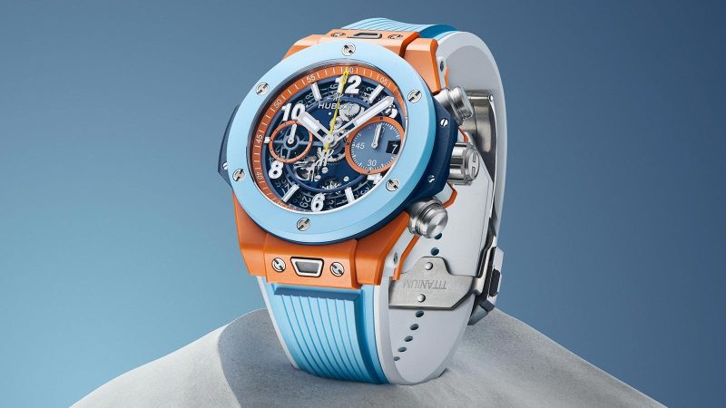 The Hublot Big Bang Unico Summer 2025 is a bold chronograph crafted in vibrant orange and sky-blue ceramic.