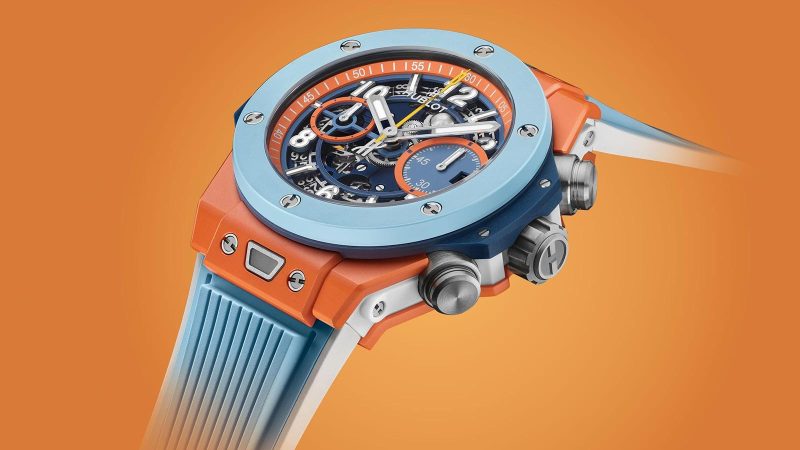 The Hublot Big Bang Unico Summer 2025 is a bold chronograph crafted in vibrant orange and sky-blue ceramic.