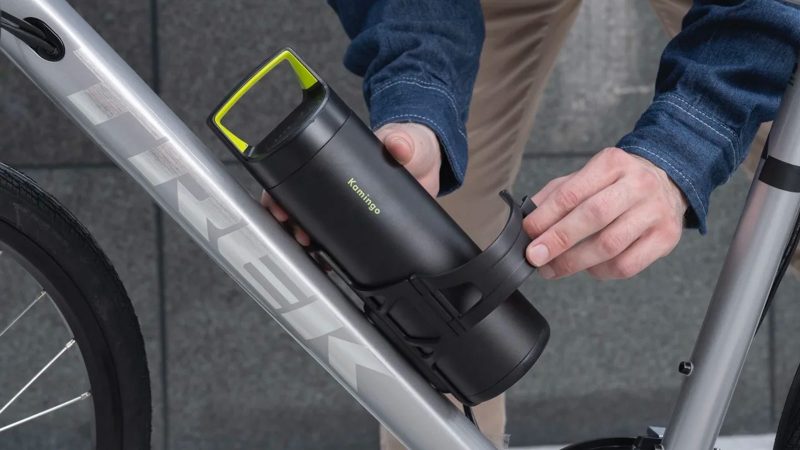 The Kamingo e-Bike Converter kit attaches to the rear wheel via handlebar control and features a bottle-shaped battery, making it ideal for commuter bicycles.
