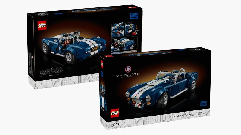 LEGO's Icons Shelby Cobra 427 S/C model car kit for adults features a blue body, white racing stripes, and a detailed V8 engine.