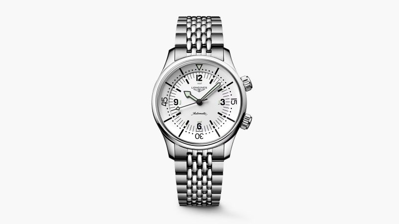 The Longines Legend Diver 39mm white dial dive watch features a matte white dial, bold black indices, dual crown super compressor styling, and a COSC-certified L888 movement.