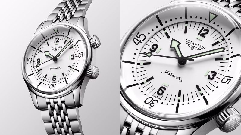 The Longines Legend Diver 39mm white dial dive watch features a matte white dial, bold black indices, dual crown super compressor styling, and a COSC-certified L888 movement.