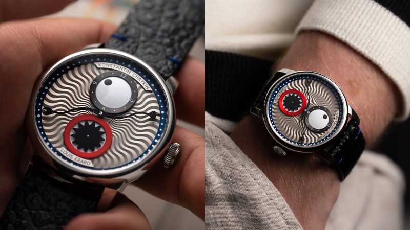 The Louis Erard x Konstantin Chaykin Time Eater III watch features a cyclops eye hour disc, a teethy seconds subdial, a devil-horned minute hand, a polished steel case, and an enamel Regulator layout.