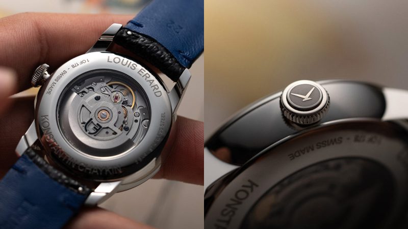 The Louis Erard x Konstantin Chaykin Time Eater III watch features a cyclops eye hour disc, a teethy seconds subdial, a devil-horned minute hand, a polished steel case, and an enamel Regulator layout.