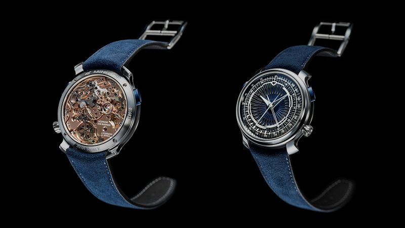 The MING 20.01 Series 5 features a laser-milled blue titanium radial dial, central chronograph hands, a polished steel and DLC titanium case, and a dark blue strap.